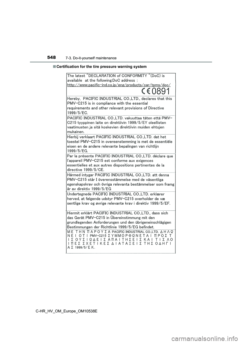 TOYOTA C_HR HYBRID 2017 Owners Manual 5487-3. Do-it-yourself maintenance
C-HR_HV_OM_Europe_OM10538E
■ Certification for the tire pressure warning system TOYOTA C_HR HYBRID 2017 Owners Manual 5487-3. Do-it-yourself maintenance
C-HR_HV_OM_Europe_OM10538E
■ Certification for the tire pressure warning system