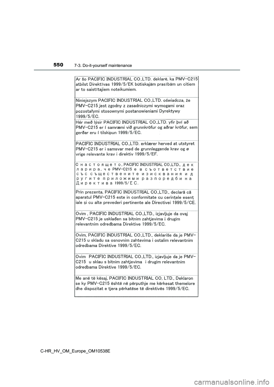 TOYOTA C_HR HYBRID 2017 Owners Manual 5507-3. Do-it-yourself maintenance
C-HR_HV_OM_Europe_OM10538E TOYOTA C_HR HYBRID 2017 Owners Manual 5507-3. Do-it-yourself maintenance
C-HR_HV_OM_Europe_OM10538E