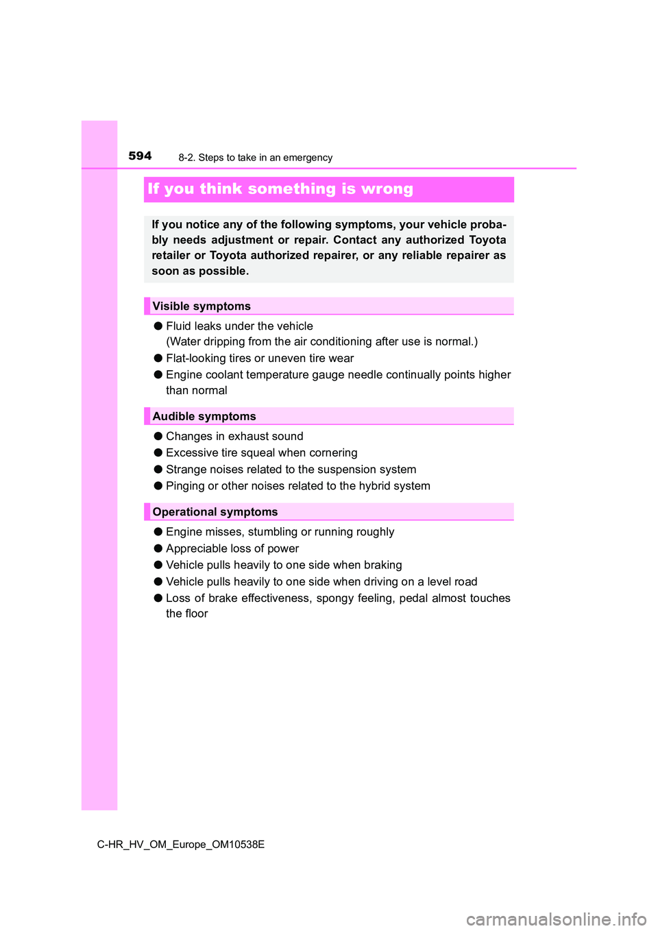 TOYOTA C_HR HYBRID 2017 Owners Manual 5948-2. Steps to take in an emergency
C-HR_HV_OM_Europe_OM10538E
If you think something is wrong
●Fluid leaks under the vehicle
(Water dripping from the air conditioning after use is normal.)
● TOYOTA C_HR HYBRID 2017 Owners Manual 5948-2. Steps to take in an emergency
C-HR_HV_OM_Europe_OM10538E
If you think something is wrong
●Fluid leaks under the vehicle
(Water dripping from the air conditioning after use is normal.)
●