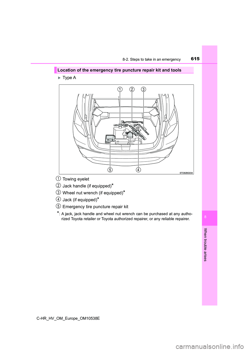 TOYOTA C_HR HYBRID 2017  Owners Manual 6158-2. Steps to take in an emergency
C-HR_HV_OM_Europe_OM10538E
8
When trouble arises
Ty pe  A 
Towing eyelet 
Jack handle (if equipped)*
Wheel nut wrench (if equipped)*
Jack (if equipped)*
Emerge