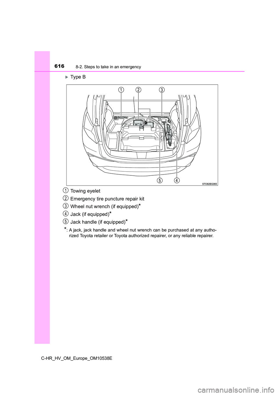 TOYOTA C_HR HYBRID 2017  Owners Manual 6168-2. Steps to take in an emergency
C-HR_HV_OM_Europe_OM10538E
Ty pe  B 
Towing eyelet 
Emergency tire puncture repair kit 
Wheel nut wrench (if equipped)*
Jack (if equipped)*
Jack handle (if equ