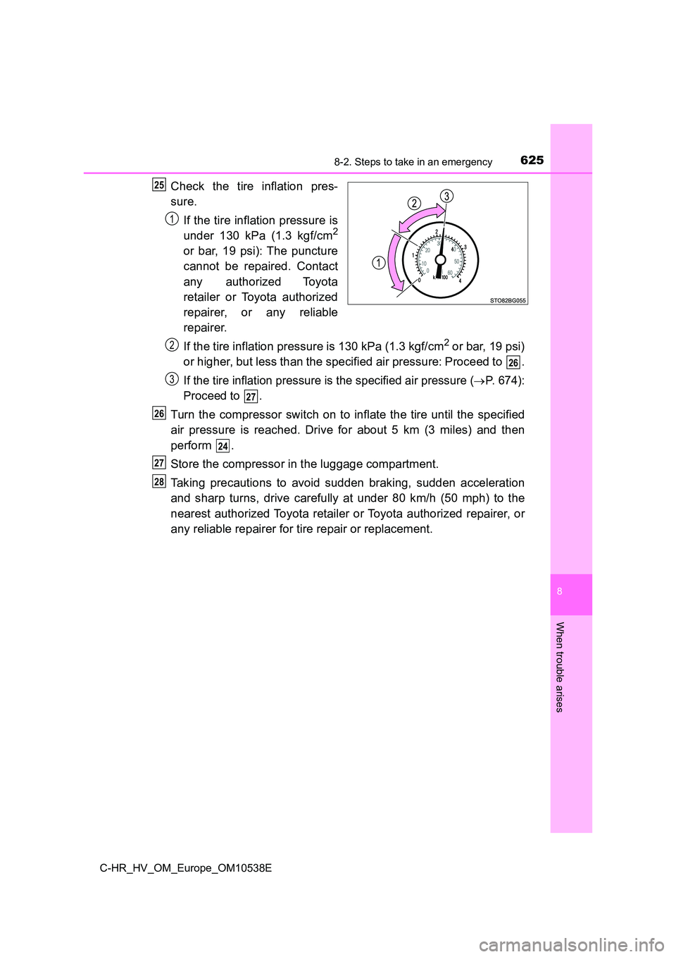 TOYOTA C_HR HYBRID 2017 Owners Manual 6258-2. Steps to take in an emergency
C-HR_HV_OM_Europe_OM10538E
8
When trouble arises
Check the tire inflation pres-
sure.
If the tire inflation pressure is
under 130 kPa (1.3 kgf/cm2
or bar, 19 p TOYOTA C_HR HYBRID 2017 Owners Manual 6258-2. Steps to take in an emergency
C-HR_HV_OM_Europe_OM10538E
8
When trouble arises
Check the tire inflation pres-
sure.
If the tire inflation pressure is
under 130 kPa (1.3 kgf/cm2
or bar, 19 p
