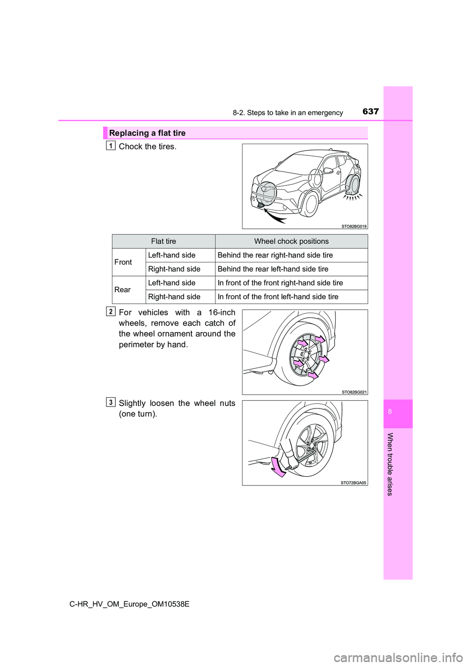 TOYOTA C_HR HYBRID 2017 Owners Manual 6378-2. Steps to take in an emergency
C-HR_HV_OM_Europe_OM10538E
8
When trouble arises
Chock the tires.
For vehicles with a 16-inch
wheels, remove each catch of
the wheel ornament around the
perim TOYOTA C_HR HYBRID 2017 Owners Manual 6378-2. Steps to take in an emergency
C-HR_HV_OM_Europe_OM10538E
8
When trouble arises
Chock the tires.
For vehicles with a 16-inch
wheels, remove each catch of
the wheel ornament around the
perim