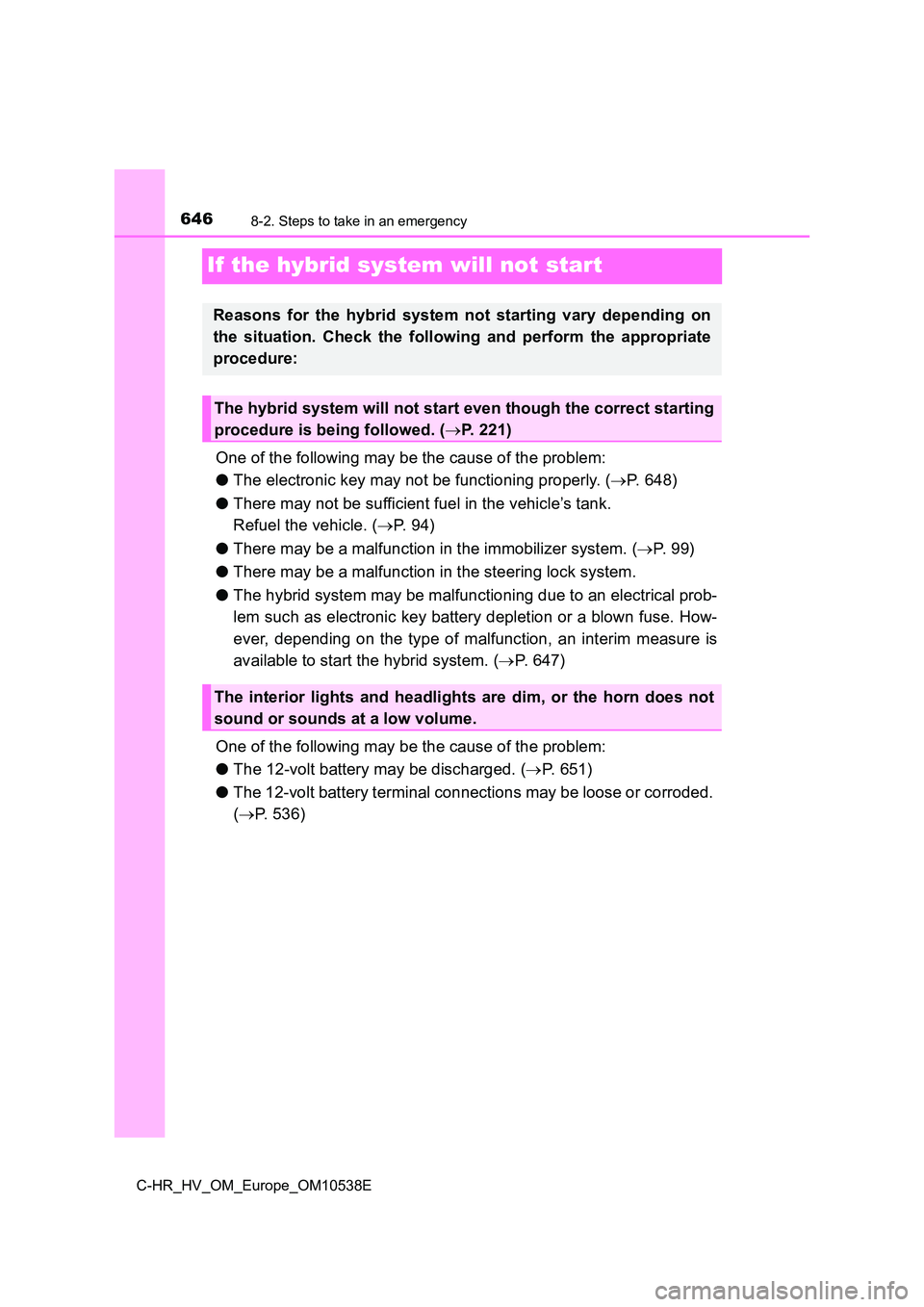 TOYOTA C_HR HYBRID 2017 Owners Manual 6468-2. Steps to take in an emergency
C-HR_HV_OM_Europe_OM10538E
If the hybrid system will not start
One of the following may be the cause of the problem:
● The electronic key may not be functionin TOYOTA C_HR HYBRID 2017 Owners Manual 6468-2. Steps to take in an emergency
C-HR_HV_OM_Europe_OM10538E
If the hybrid system will not start
One of the following may be the cause of the problem:
● The electronic key may not be functionin