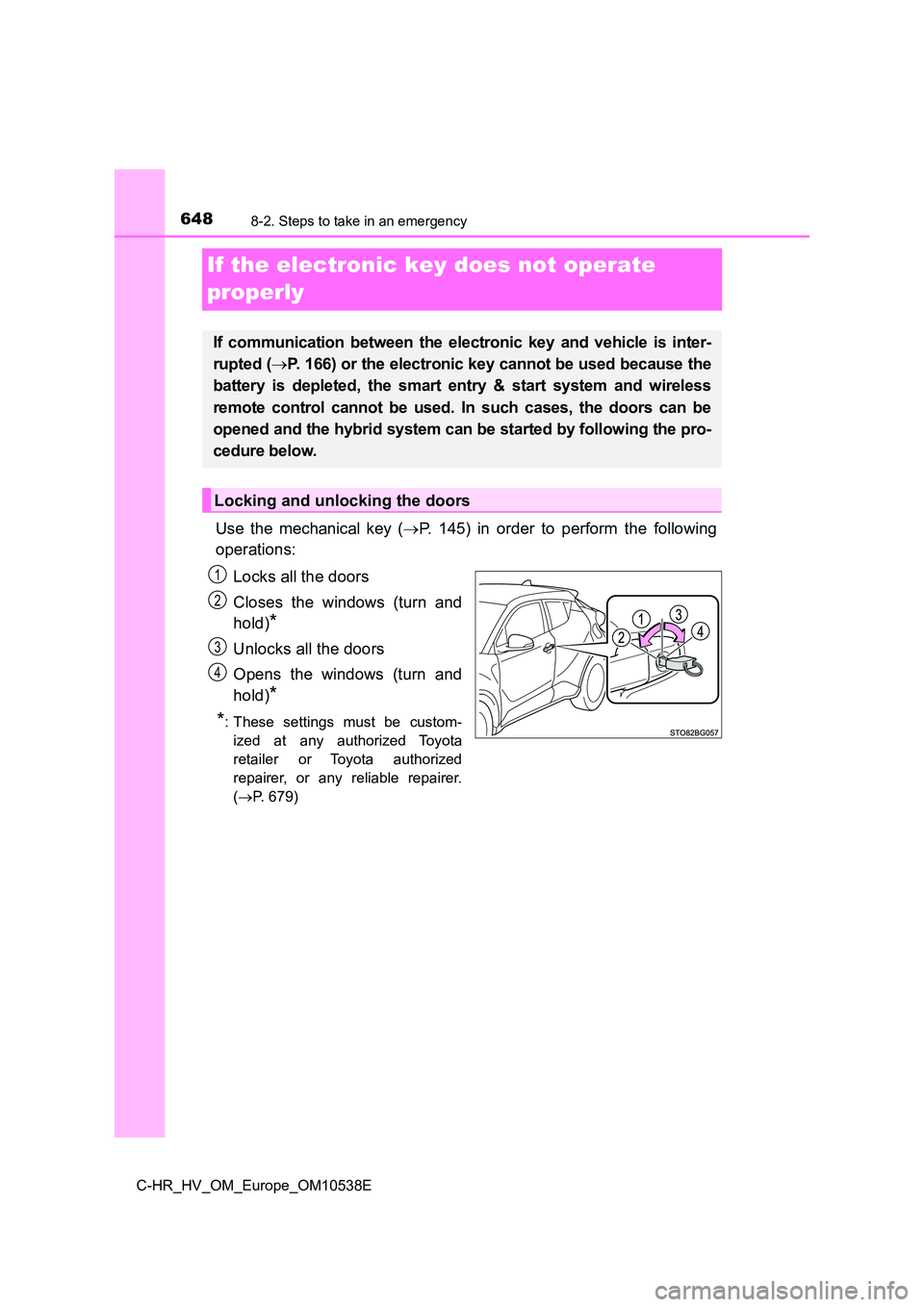 TOYOTA C_HR HYBRID 2017 Owners Manual 6488-2. Steps to take in an emergency
C-HR_HV_OM_Europe_OM10538E
If the electronic key does not operate
properly
Use the mechanical key ( P. 145) in order to perform the following
operations:
L TOYOTA C_HR HYBRID 2017 Owners Manual 6488-2. Steps to take in an emergency
C-HR_HV_OM_Europe_OM10538E
If the electronic key does not operate
properly
Use the mechanical key ( P. 145) in order to perform the following
operations:
L