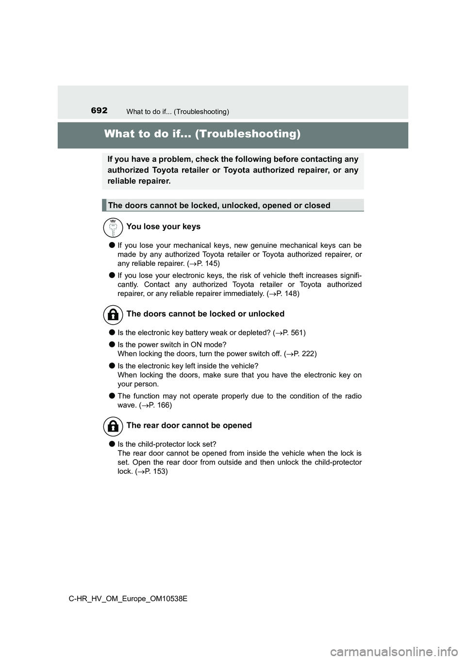 TOYOTA C_HR HYBRID 2017 Owners Manual 692What to do if... (Troubleshooting)
C-HR_HV_OM_Europe_OM10538E
What to do if... (Troubleshooting)
●If you lose your mechanical keys, new genuine mechanical keys can be
made by any authorized Toyo TOYOTA C_HR HYBRID 2017 Owners Manual 692What to do if... (Troubleshooting)
C-HR_HV_OM_Europe_OM10538E
What to do if... (Troubleshooting)
●If you lose your mechanical keys, new genuine mechanical keys can be
made by any authorized Toyo