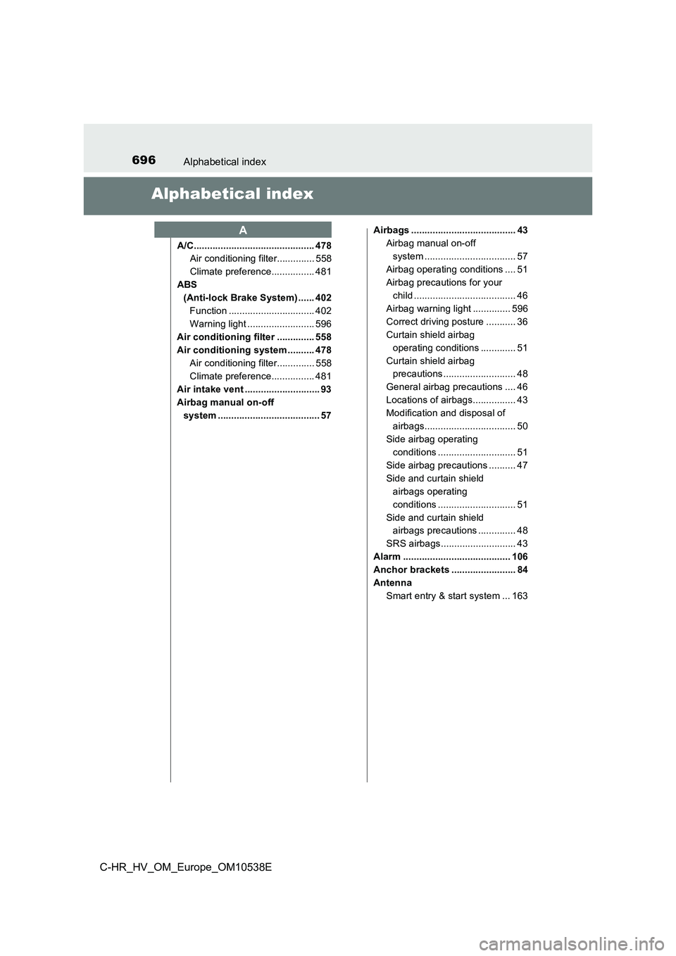 TOYOTA C_HR HYBRID 2017 Owners Manual 696Alphabetical index
C-HR_HV_OM_Europe_OM10538E
Alphabetical index
A/C............................................. 478
Air conditioning filter.............. 558
Climate preference................ TOYOTA C_HR HYBRID 2017 Owners Manual 696Alphabetical index
C-HR_HV_OM_Europe_OM10538E
Alphabetical index
A/C............................................. 478
Air conditioning filter.............. 558
Climate preference................