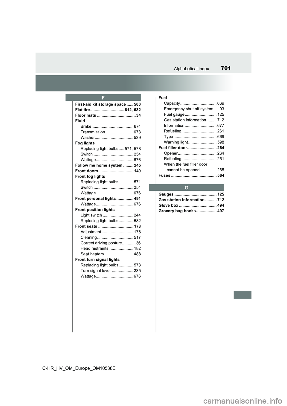 TOYOTA C_HR HYBRID 2017 Owners Manual 701Alphabetical index
C-HR_HV_OM_Europe_OM10538E
First-aid kit storage space ...... 500
Flat tire .............................. 612, 632
Floor mats .................................. 34
Fluid
Brake TOYOTA C_HR HYBRID 2017 Owners Manual 701Alphabetical index
C-HR_HV_OM_Europe_OM10538E
First-aid kit storage space ...... 500
Flat tire .............................. 612, 632
Floor mats .................................. 34
Fluid
Brake