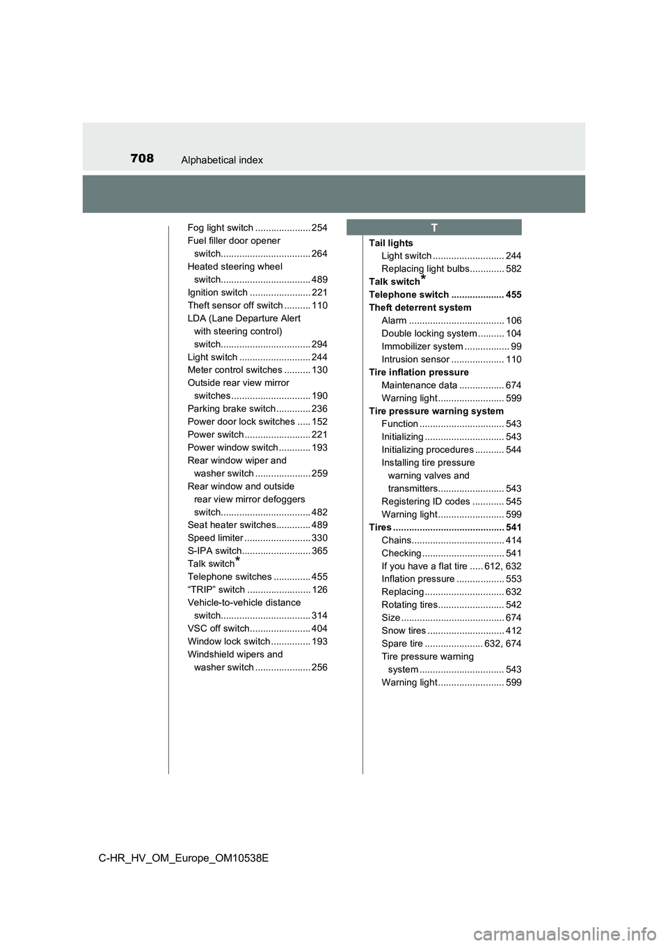 TOYOTA C_HR HYBRID 2017 Owners Manual 708Alphabetical index
C-HR_HV_OM_Europe_OM10538E
Fog light switch ..................... 254
Fuel filler door opener
switch.................................. 264
Heated steering wheel
switch....... TOYOTA C_HR HYBRID 2017 Owners Manual 708Alphabetical index
C-HR_HV_OM_Europe_OM10538E
Fog light switch ..................... 254
Fuel filler door opener
switch.................................. 264
Heated steering wheel
switch.......