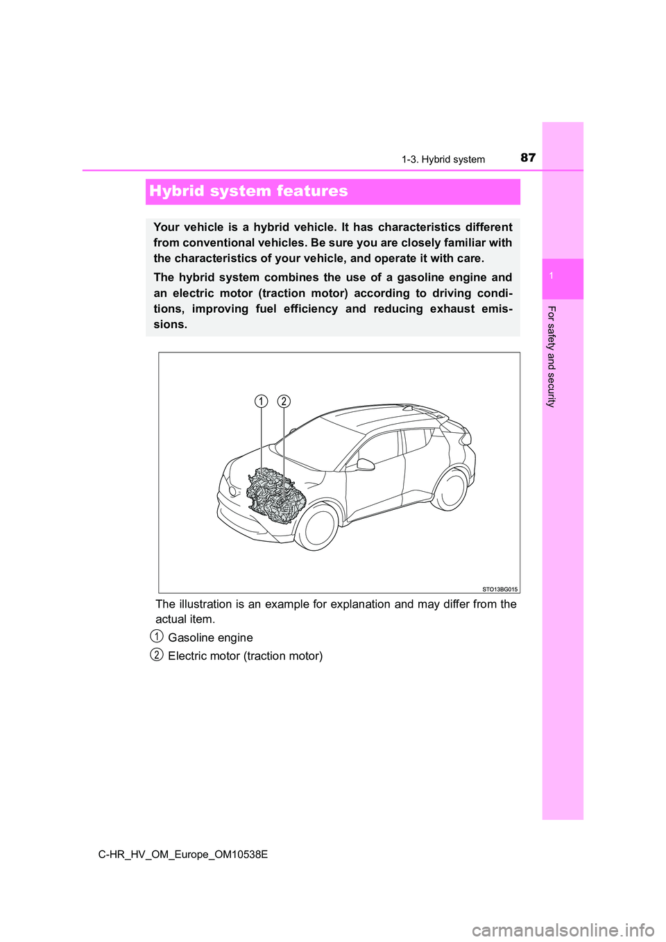 TOYOTA C_HR HYBRID 2017 Manual Online 87
1
1-3. Hybrid system
For safety and security
C-HR_HV_OM_Europe_OM10538E
Hybrid system features
The illustration is an example for explanation and may differ from the
actual item.
Gasoline engine TOYOTA C_HR HYBRID 2017 Manual Online 87
1
1-3. Hybrid system
For safety and security
C-HR_HV_OM_Europe_OM10538E
Hybrid system features
The illustration is an example for explanation and may differ from the
actual item.
Gasoline engine