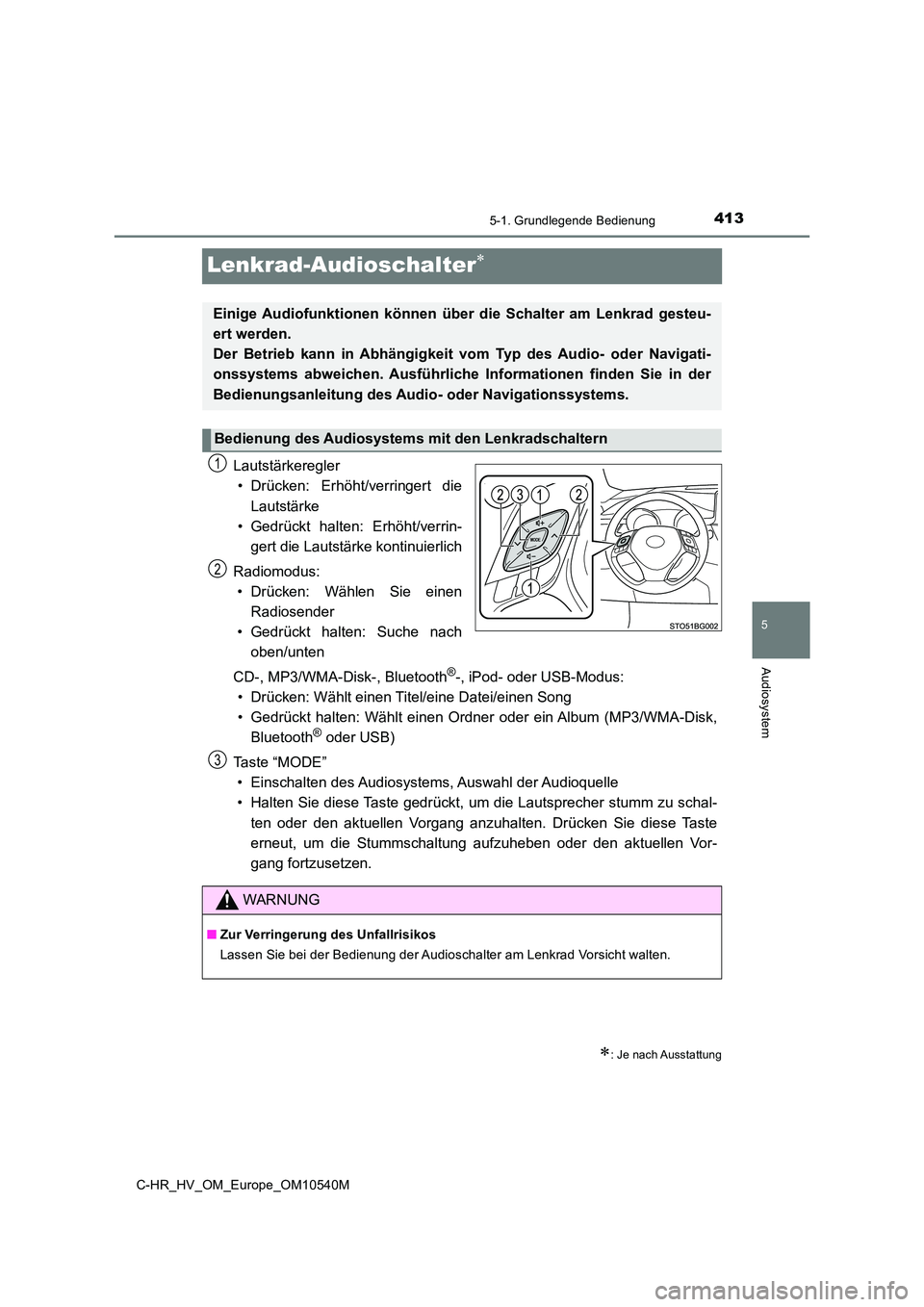 TOYOTA C_HR HYBRID 2017  Betriebsanleitungen (in German) 413
5
5-1. Grundlegende Bedienung
Audiosystem
C-HR_HV_OM_Europe_OM10540M
Lenkrad-Audioschalter
Lautstärkeregler 
• Drücken: Erhöht/verringert die 
Lautstärke 
• Gedrückt halten: Erhöht/ve