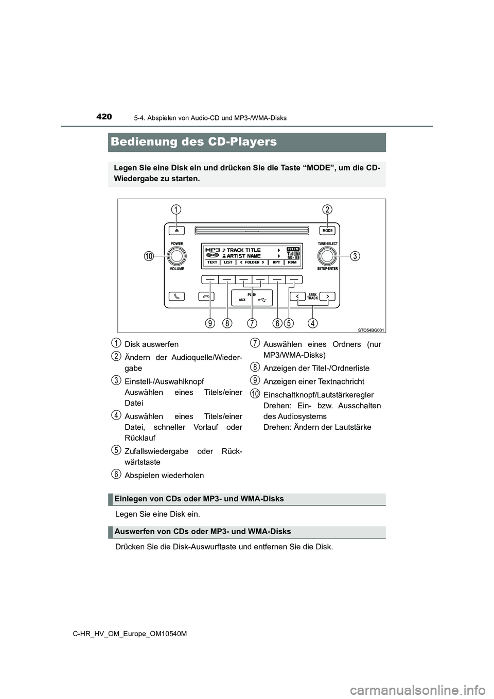 TOYOTA C_HR HYBRID 2017 Betriebsanleitungen (in German) 4205-4. Abspielen von Audio-CD und MP3-/WMA-Disks
C-HR_HV_OM_Europe_OM10540M
Bedienung des CD-Players
Legen Sie eine Disk ein.
Drücken Sie die Disk-Auswurftaste und entfernen Sie die Disk.
Legen Sie TOYOTA C_HR HYBRID 2017 Betriebsanleitungen (in German) 4205-4. Abspielen von Audio-CD und MP3-/WMA-Disks
C-HR_HV_OM_Europe_OM10540M
Bedienung des CD-Players
Legen Sie eine Disk ein.
Drücken Sie die Disk-Auswurftaste und entfernen Sie die Disk.
Legen Sie