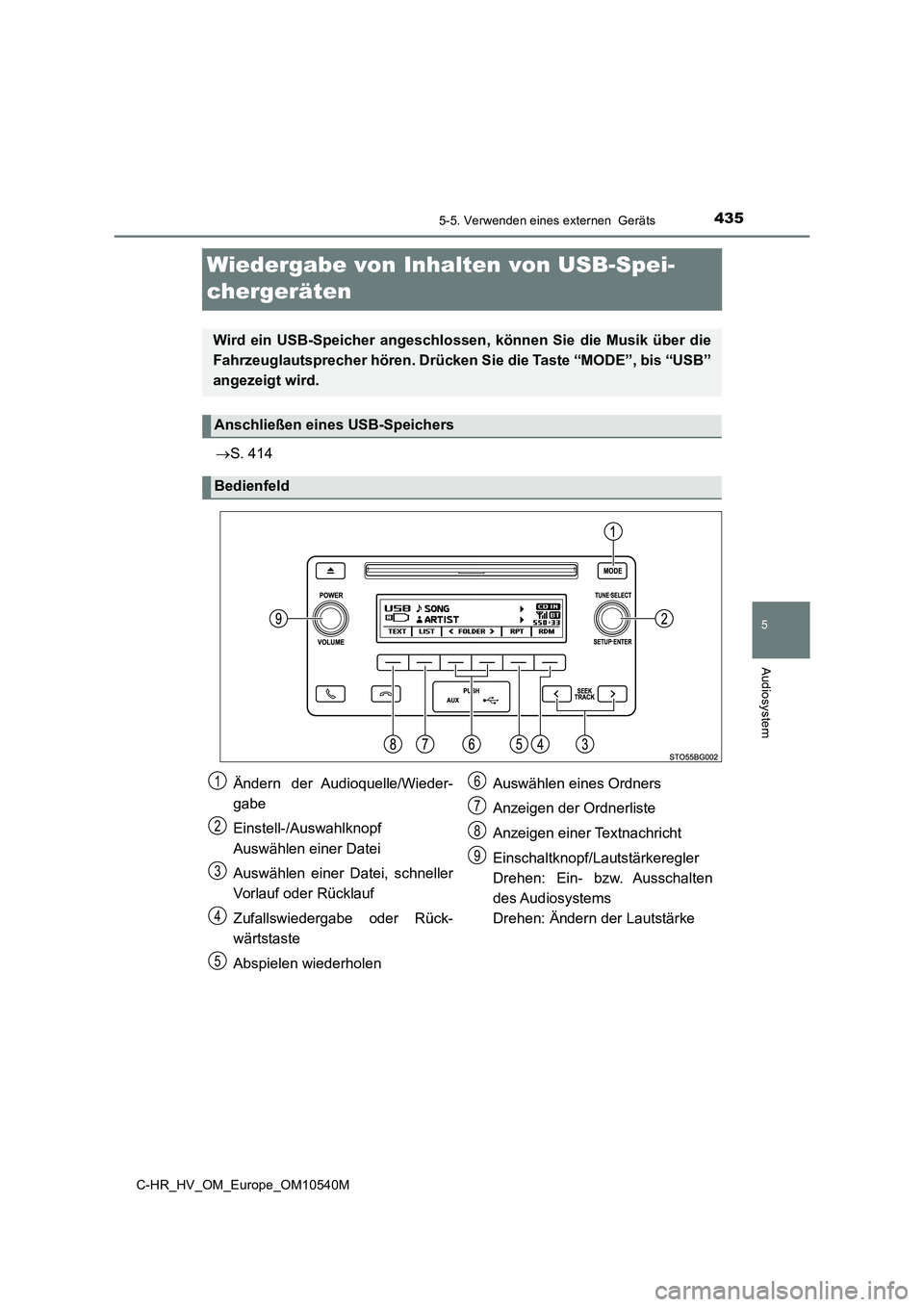 TOYOTA C_HR HYBRID 2017 Betriebsanleitungen (in German) 435
5
5-5. Verwenden eines externen Geräts
Audiosystem
C-HR_HV_OM_Europe_OM10540M
Wiedergabe von Inhalten von USB-Spei-
chergeräten
S. 414
Wird ein USB-Speicher angeschlossen, können Sie die TOYOTA C_HR HYBRID 2017 Betriebsanleitungen (in German) 435
5
5-5. Verwenden eines externen Geräts
Audiosystem
C-HR_HV_OM_Europe_OM10540M
Wiedergabe von Inhalten von USB-Spei-
chergeräten
S. 414
Wird ein USB-Speicher angeschlossen, können Sie die