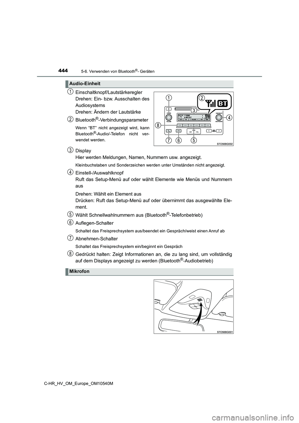 TOYOTA C_HR HYBRID 2017 Betriebsanleitungen (in German) 4445-6. Verwenden von Bluetooth®- Geräten
C-HR_HV_OM_Europe_OM10540M
Einschaltknopf/Lautstärkeregler
Drehen: Ein- bzw. Ausschalten des
Audiosystems
Drehen: Ändern der Lautstärke
Bluetooth®-Ve TOYOTA C_HR HYBRID 2017 Betriebsanleitungen (in German) 4445-6. Verwenden von Bluetooth®- Geräten
C-HR_HV_OM_Europe_OM10540M
Einschaltknopf/Lautstärkeregler
Drehen: Ein- bzw. Ausschalten des
Audiosystems
Drehen: Ändern der Lautstärke
Bluetooth®-Ve