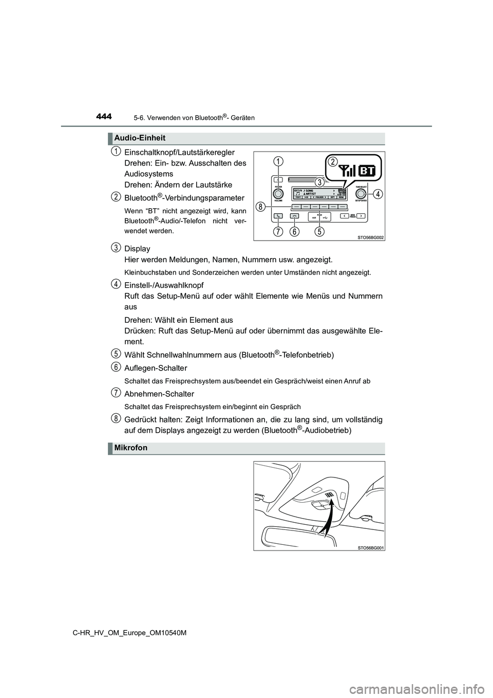 TOYOTA C_HR HYBRID 2017  Betriebsanleitungen (in German) 4445-6. Verwenden von Bluetooth®- Geräten
C-HR_HV_OM_Europe_OM10540M
Einschaltknopf/Lautstärkeregler 
Drehen: Ein- bzw. Ausschalten des
Audiosystems 
Drehen: Ändern der Lautstärke 
Bluetooth®-Ve