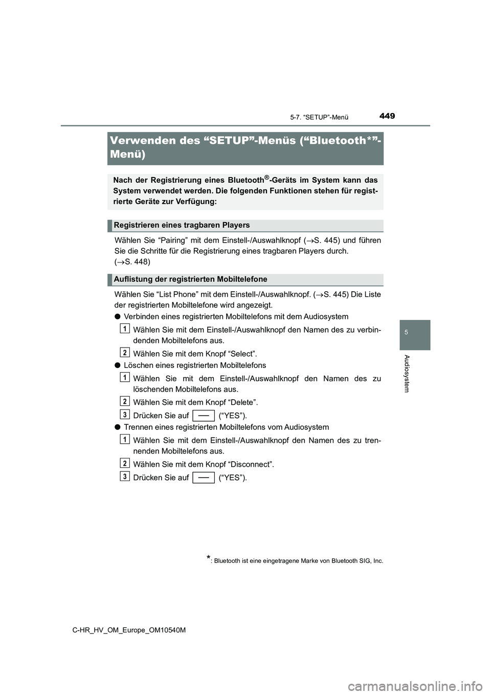 TOYOTA C_HR HYBRID 2017  Betriebsanleitungen (in German) 449
5
5-7. “SETUP”-Menü
Audiosystem
C-HR_HV_OM_Europe_OM10540M
Verwenden des “SETUP”-Menüs (“Bluetooth*”- 
Menü)
Wählen Sie “Pairing” mit dem  Einstell-/Auswahlknopf (S. 445) un
