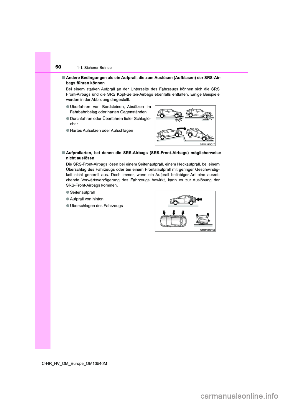 TOYOTA C_HR HYBRID 2017  Betriebsanleitungen (in German) 501-1. Sicherer Betrieb
C-HR_HV_OM_Europe_OM10540M 
■ Andere Bedingungen als ein Aufprall, die zum Auslösen (Aufblasen) der SRS-Air- 
bags führen können 
Bei einem starken Aufprall an der Unterse