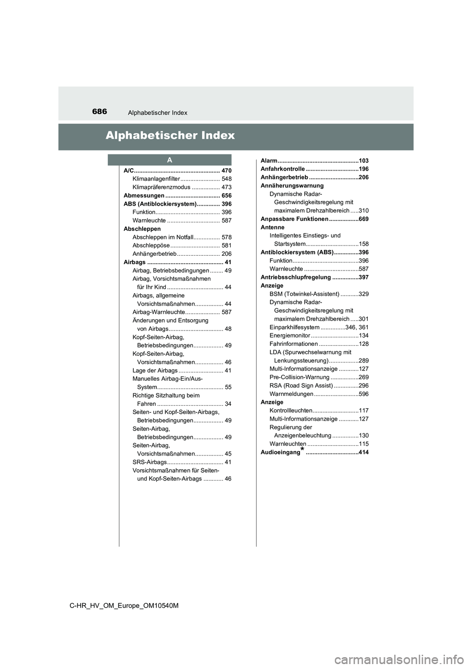 TOYOTA C_HR HYBRID 2017  Betriebsanleitungen (in German) 686Alphabetischer Index
C-HR_HV_OM_Europe_OM10540M
Alphabetischer Index
A/C .................................................... 470 
Klimaanlagenfilter ........................ 548 
Klimapräferenzmo