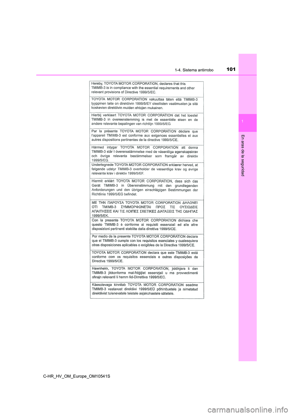 TOYOTA C_HR HYBRID 2017  Manual del propietario (in Spanish) 1011-4. Sistema antirrobo
1
En aras de la seguridad
C-HR_HV_OM_Europe_OM10541S 
