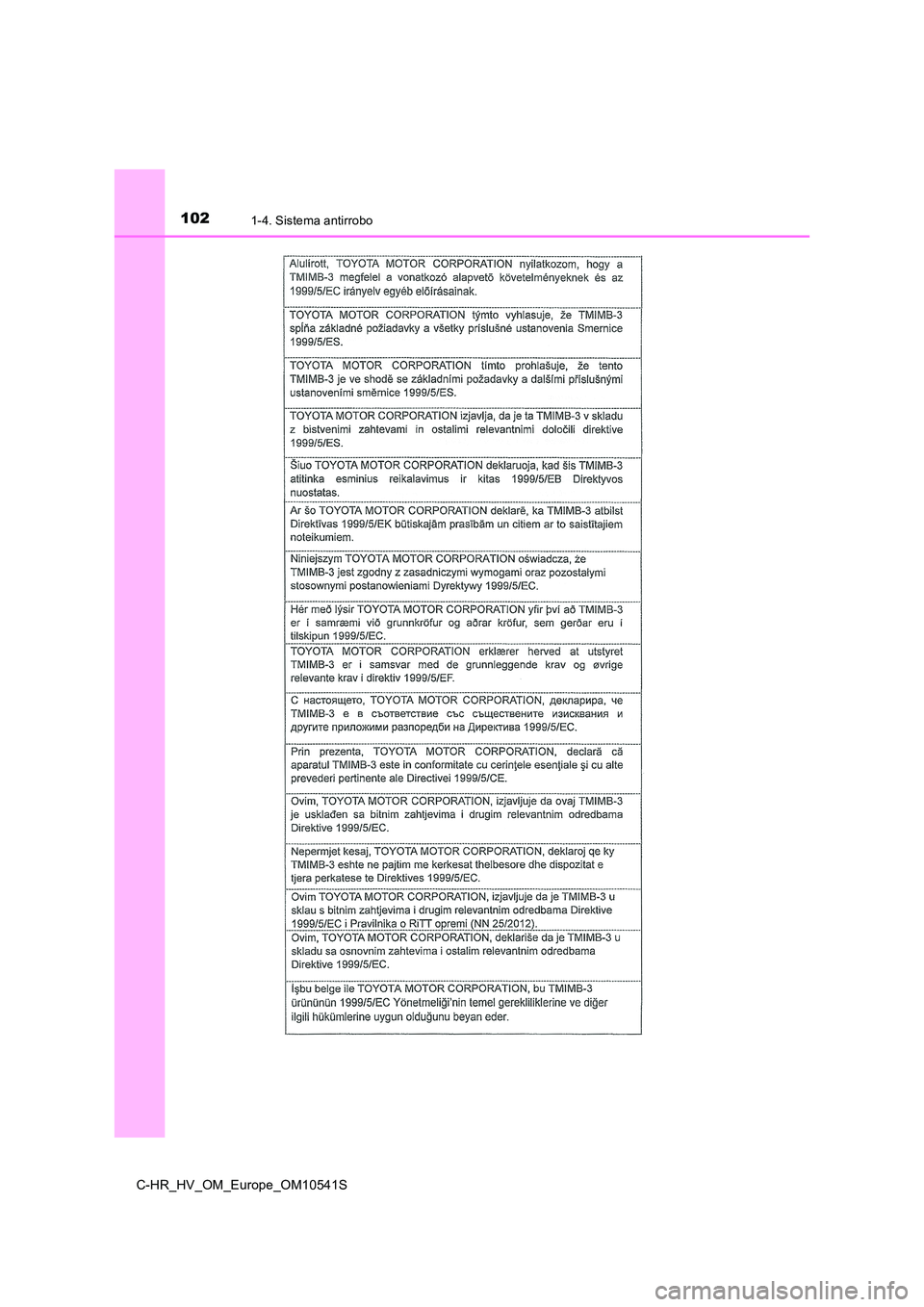 TOYOTA C_HR HYBRID 2017  Manual del propietario (in Spanish) 1021-4. Sistema antirrobo
C-HR_HV_OM_Europe_OM10541S 