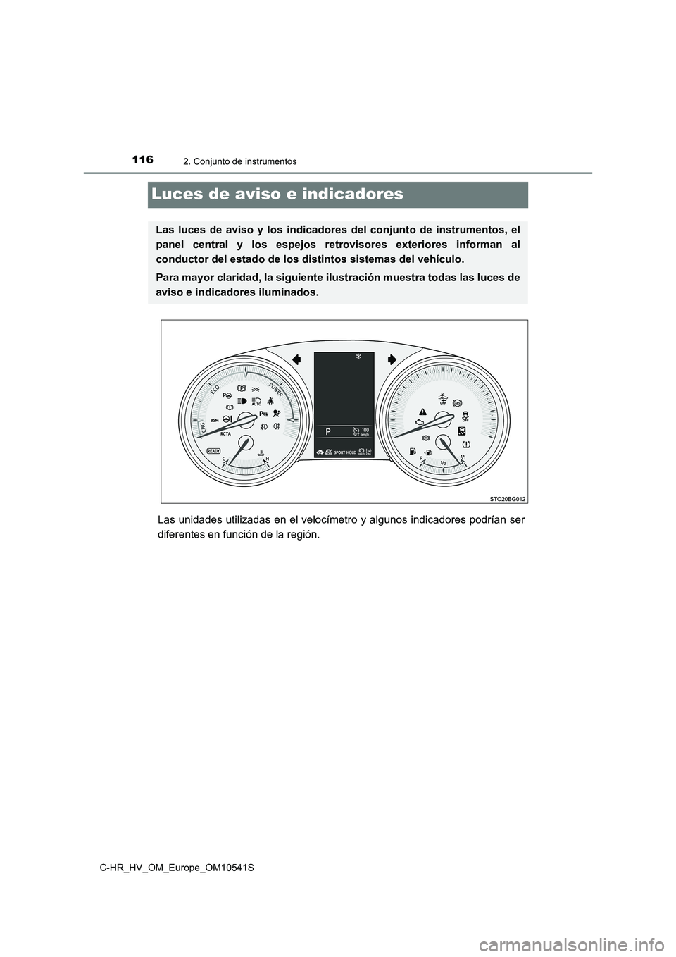 TOYOTA C_HR HYBRID 2017  Manual del propietario (in Spanish) 1162. Conjunto de instrumentos
C-HR_HV_OM_Europe_OM10541S
Luces de aviso e indicadores
Las unidades utilizadas en el velocímetro y algunos indicadores podrían ser 
diferentes en función de la regi
