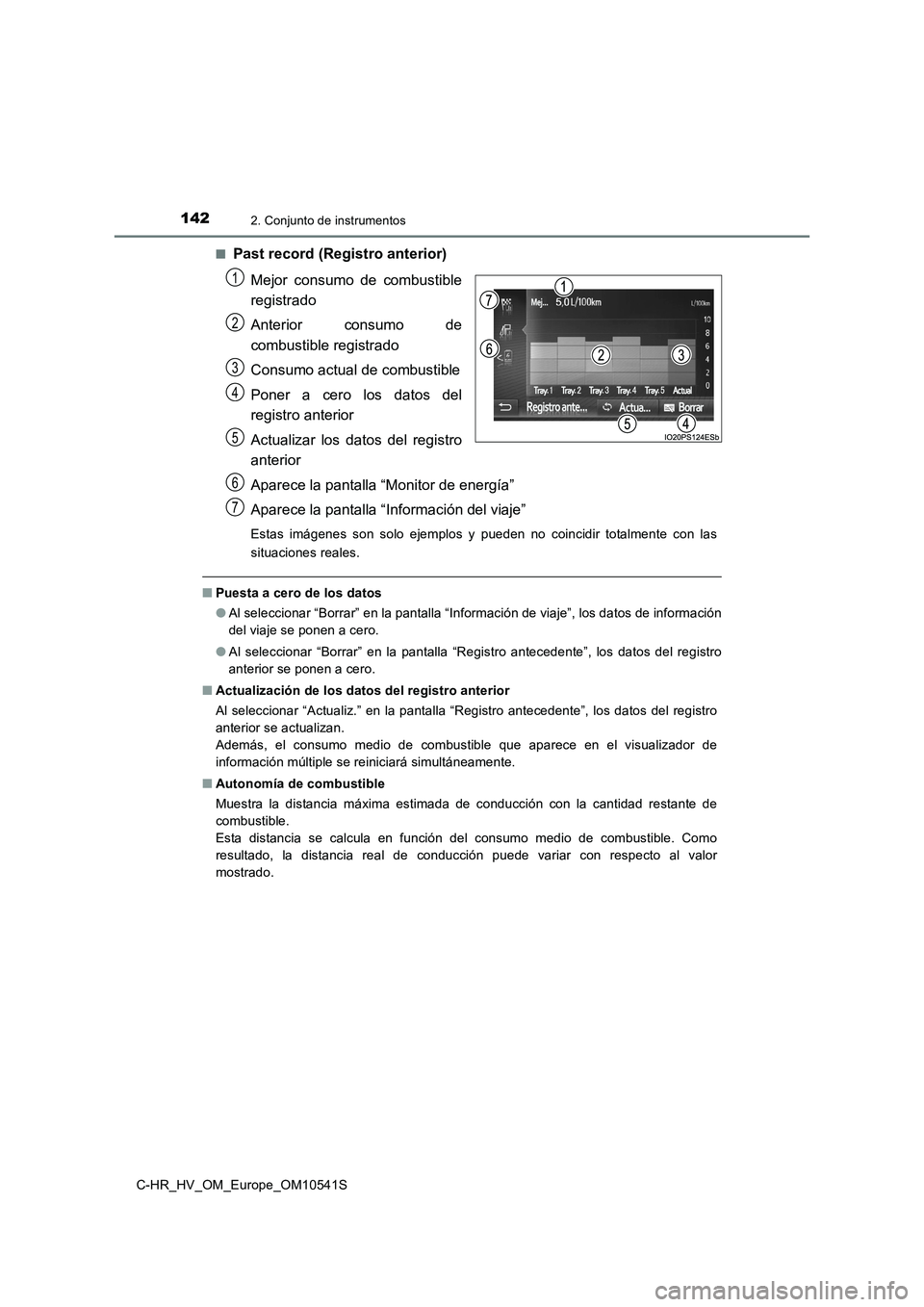 TOYOTA C_HR HYBRID 2017  Manual del propietario (in Spanish) 1422. Conjunto de instrumentos
C-HR_HV_OM_Europe_OM10541S 
■Past record (Registro anterior) 
Mejor consumo de combustible 
registrado 
Anterior consumo de 
combustible registrado 
Consumo actual de 