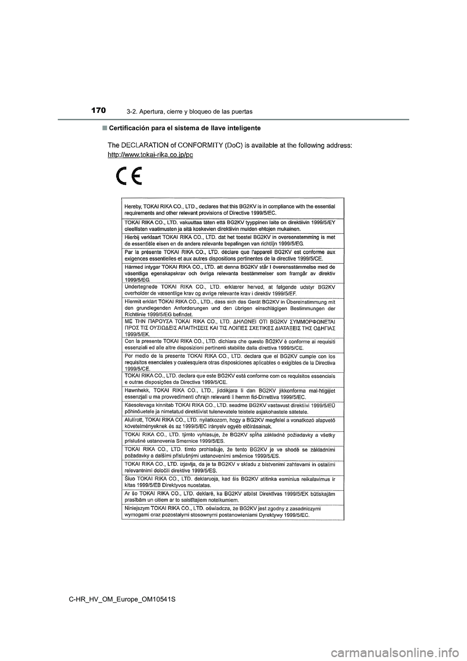 TOYOTA C_HR HYBRID 2017  Manual del propietario (in Spanish) 1703-2. Apertura, cierre y bloqueo de las puertas
C-HR_HV_OM_Europe_OM10541S 
■ Certificación para el sistema de llave inteligente 