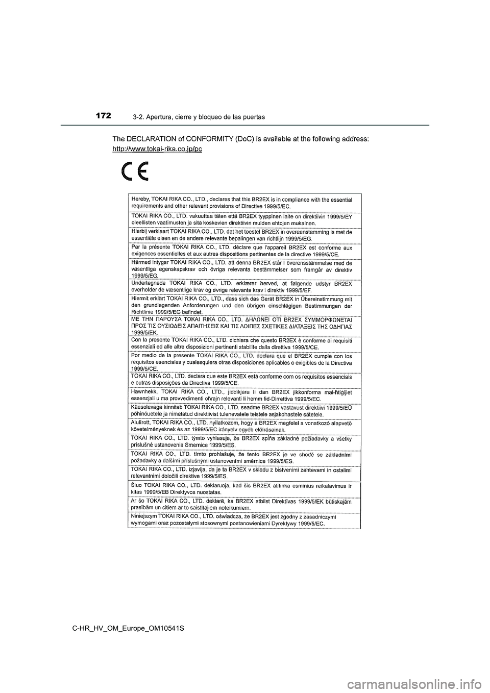 TOYOTA C_HR HYBRID 2017  Manual del propietario (in Spanish) 1723-2. Apertura, cierre y bloqueo de las puertas
C-HR_HV_OM_Europe_OM10541S 