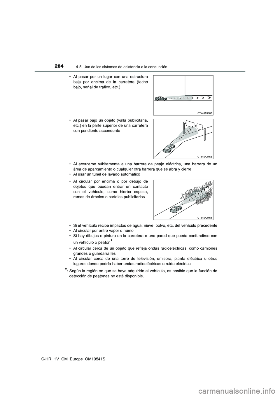 TOYOTA C_HR HYBRID 2017 Manual del propietario (in Spanish) 2844-5. Uso de los sistemas de asistencia a la conducción
C-HR_HV_OM_Europe_OM10541S
• Al acercarse súbitamente a una barrera de peaje eléctrica, una barrera de un
área de aparcamiento o cualq TOYOTA C_HR HYBRID 2017 Manual del propietario (in Spanish) 2844-5. Uso de los sistemas de asistencia a la conducción
C-HR_HV_OM_Europe_OM10541S
• Al acercarse súbitamente a una barrera de peaje eléctrica, una barrera de un
área de aparcamiento o cualq