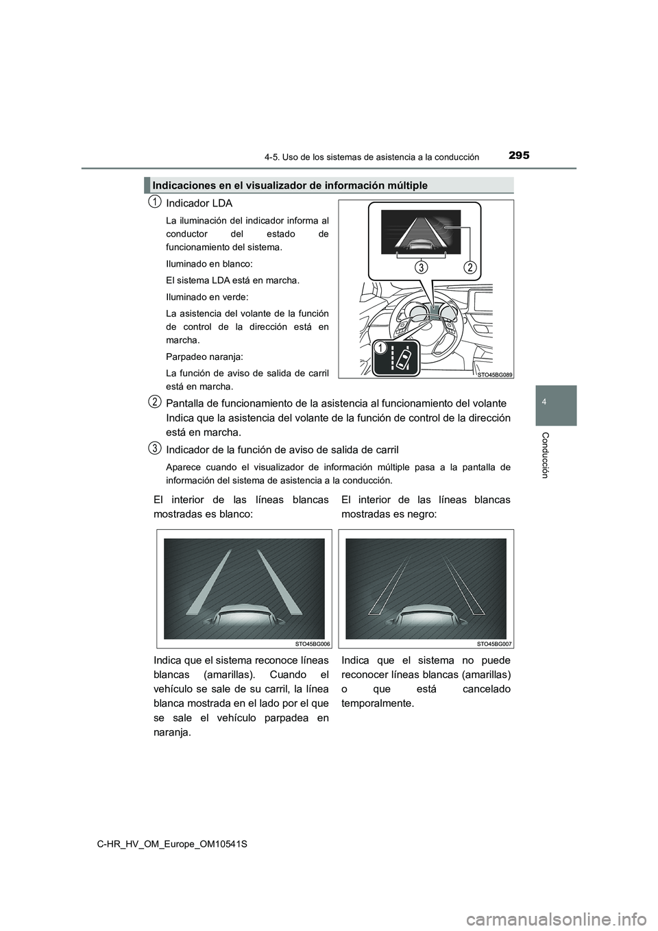 TOYOTA C_HR HYBRID 2017 Manual del propietario (in Spanish) 2954-5. Uso de los sistemas de asistencia a la conducción
4
Conducción
C-HR_HV_OM_Europe_OM10541S
Indicador LDA
La iluminación del indicador informa al
conductor del estado de
funcionamiento del s TOYOTA C_HR HYBRID 2017 Manual del propietario (in Spanish) 2954-5. Uso de los sistemas de asistencia a la conducción
4
Conducción
C-HR_HV_OM_Europe_OM10541S
Indicador LDA
La iluminación del indicador informa al
conductor del estado de
funcionamiento del s