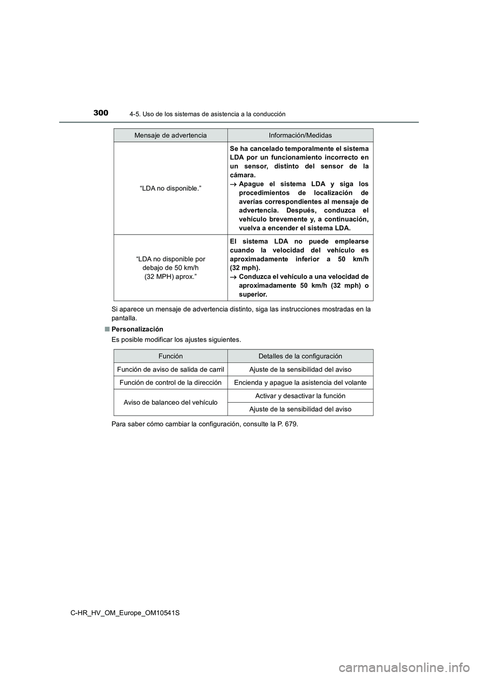 TOYOTA C_HR HYBRID 2017 Manual del propietario (in Spanish) 3004-5. Uso de los sistemas de asistencia a la conducción
C-HR_HV_OM_Europe_OM10541S
Si aparece un mensaje de advertencia distinto, siga las instrucciones mostradas en la
pantalla.
■ Personaliza TOYOTA C_HR HYBRID 2017 Manual del propietario (in Spanish) 3004-5. Uso de los sistemas de asistencia a la conducción
C-HR_HV_OM_Europe_OM10541S
Si aparece un mensaje de advertencia distinto, siga las instrucciones mostradas en la
pantalla.
■ Personaliza