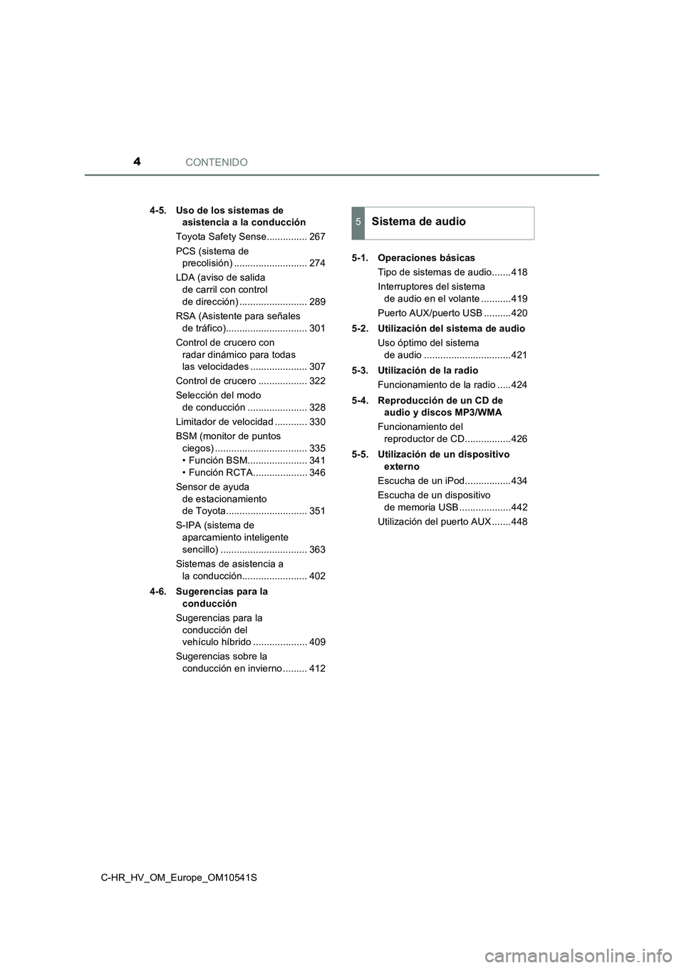 TOYOTA C_HR HYBRID 2017  Manual del propietario (in Spanish) CONTENIDO4
C-HR_HV_OM_Europe_OM10541S 
4-5. Uso de los sistemas de  
asistencia a la conducción 
Toyota Safety Sense............... 267 
PCS (sistema de  
precolisión) ........................... 27