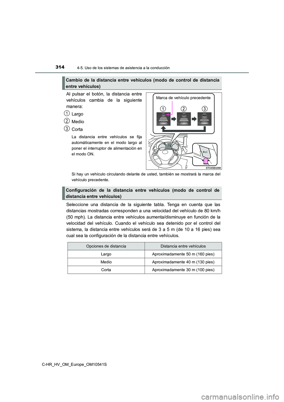 TOYOTA C_HR HYBRID 2017 Manual del propietario (in Spanish) 3144-5. Uso de los sistemas de asistencia a la conducción
C-HR_HV_OM_Europe_OM10541S
Al pulsar el botón, la distancia entre
vehículos cambia de la siguiente
manera:
Largo
Medio
Corta
La distanc TOYOTA C_HR HYBRID 2017 Manual del propietario (in Spanish) 3144-5. Uso de los sistemas de asistencia a la conducción
C-HR_HV_OM_Europe_OM10541S
Al pulsar el botón, la distancia entre
vehículos cambia de la siguiente
manera:
Largo
Medio
Corta
La distanc