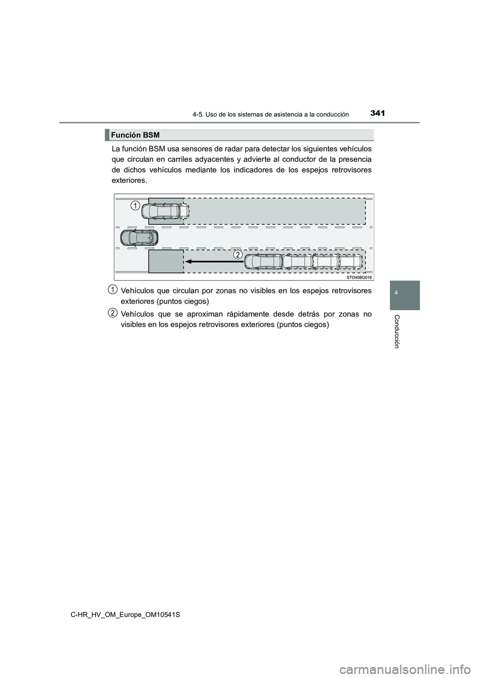 TOYOTA C_HR HYBRID 2017 Manual del propietario (in Spanish) 3414-5. Uso de los sistemas de asistencia a la conducción
4
Conducción
C-HR_HV_OM_Europe_OM10541S
La función BSM usa sensores de radar para detectar los siguientes vehículos
que circulan en carri TOYOTA C_HR HYBRID 2017 Manual del propietario (in Spanish) 3414-5. Uso de los sistemas de asistencia a la conducción
4
Conducción
C-HR_HV_OM_Europe_OM10541S
La función BSM usa sensores de radar para detectar los siguientes vehículos
que circulan en carri