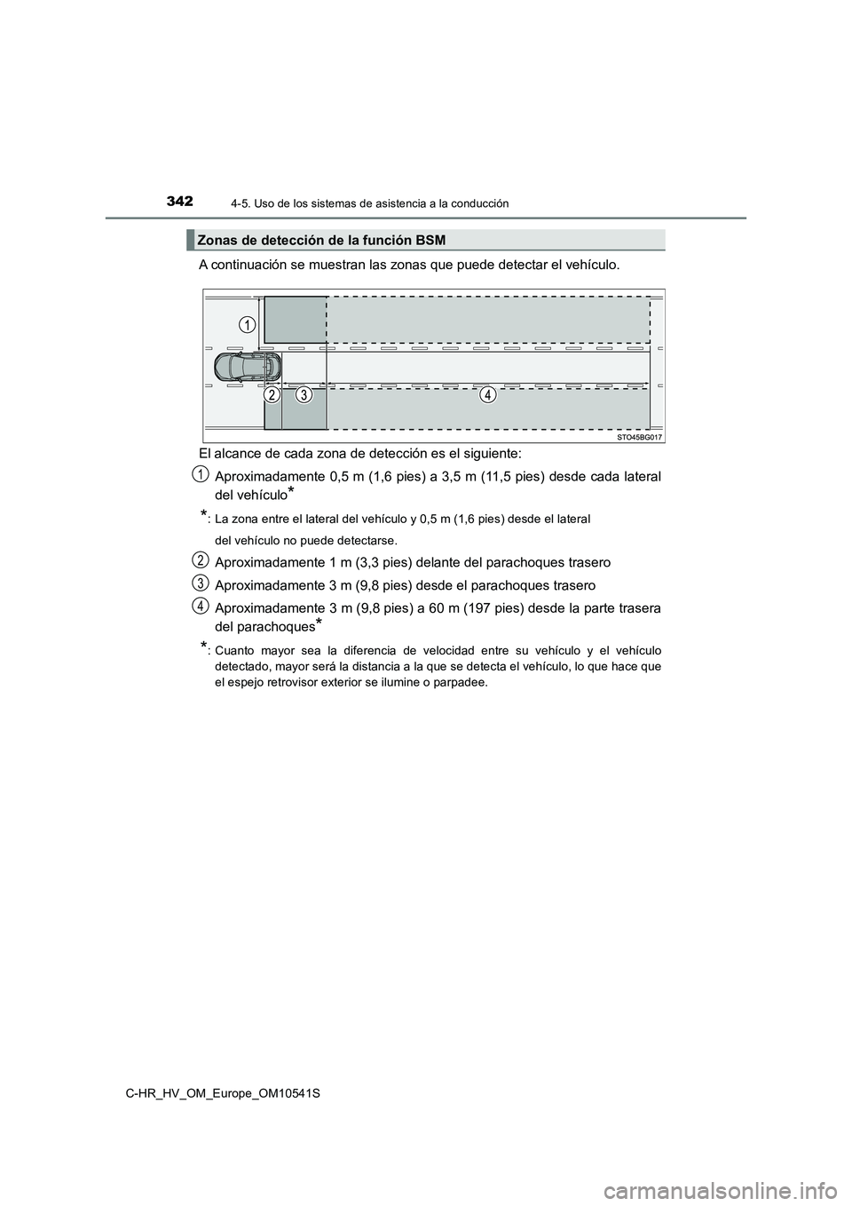 TOYOTA C_HR HYBRID 2017 Manual del propietario (in Spanish) 3424-5. Uso de los sistemas de asistencia a la conducción
C-HR_HV_OM_Europe_OM10541S
A continuación se muestran las zonas que puede detectar el vehículo.
El alcance de cada zona de detección es e TOYOTA C_HR HYBRID 2017 Manual del propietario (in Spanish) 3424-5. Uso de los sistemas de asistencia a la conducción
C-HR_HV_OM_Europe_OM10541S
A continuación se muestran las zonas que puede detectar el vehículo.
El alcance de cada zona de detección es e