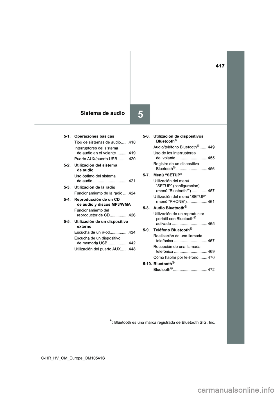 TOYOTA C_HR HYBRID 2017  Manual del propietario (in Spanish) 417
5Sistema de audio
C-HR_HV_OM_Europe_OM10541S 
5-1. Operaciones básicas 
Tipo de sistemas de audio.......418 
Interruptores del sistema  
de audio en el volante ...........419 
Puerto AUX/puerto U