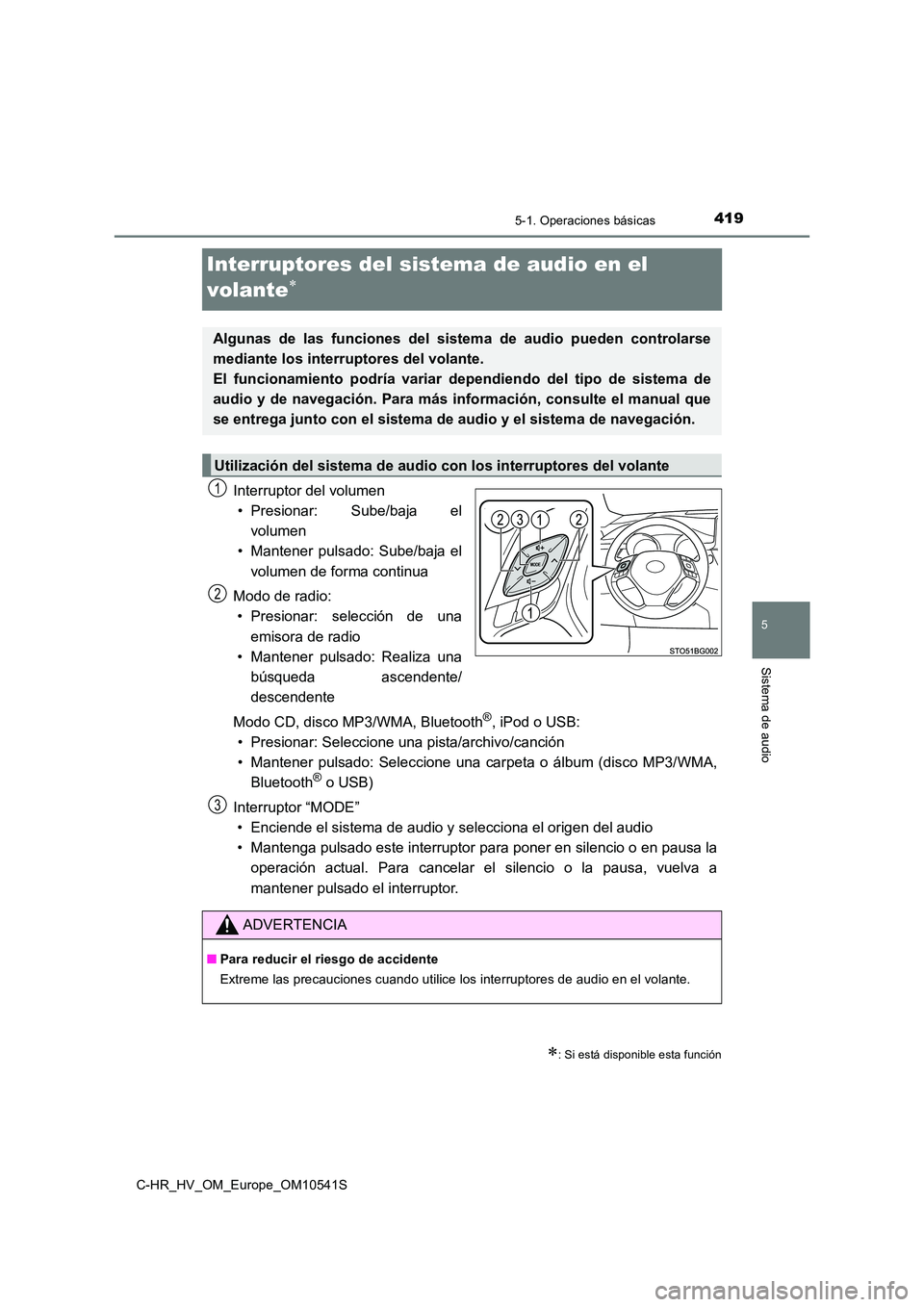 TOYOTA C_HR HYBRID 2017  Manual del propietario (in Spanish) 419
5
5-1. Operaciones básicas
Sistema de audio
C-HR_HV_OM_Europe_OM10541S
Interruptores del sistema de audio en el  
volante
Interruptor del volumen 
• Presionar: Sube/baja el 
volumen
• Mant