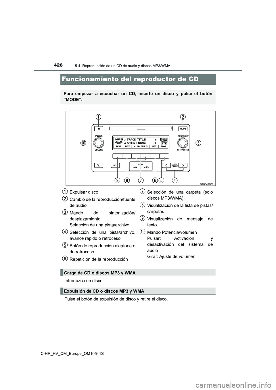 TOYOTA C_HR HYBRID 2017  Manual del propietario (in Spanish) 4265-4. Reproducción de un CD de audio y discos MP3/WMA
C-HR_HV_OM_Europe_OM10541S
Funcionamiento del reproductor de CD
Introduzca un disco. 
Pulse el botón de expulsión de disco y retire el disco.