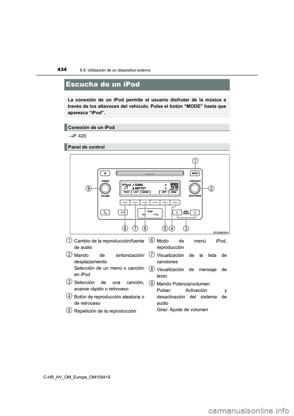 TOYOTA C_HR HYBRID 2017  Manual del propietario (in Spanish) 4345-5. Utilización de un dispositivo externo
C-HR_HV_OM_Europe_OM10541S
Escucha de un iPod
P. 420
La conexión de un iPod permite al usuario disfrutar de la música a 
través de los altavoces de