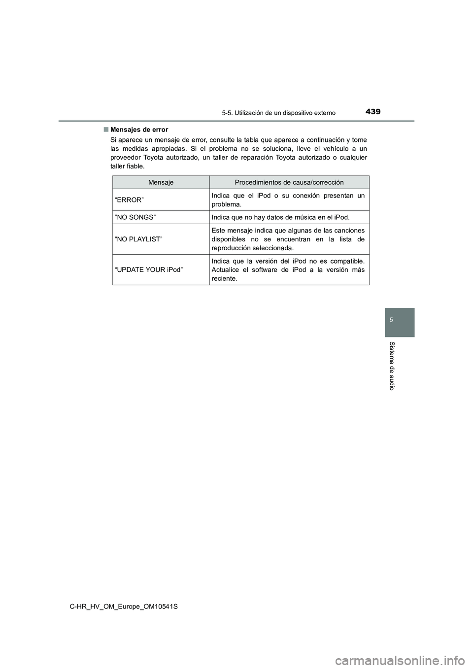 TOYOTA C_HR HYBRID 2017  Manual del propietario (in Spanish) 4395-5. Utilización de un dispositivo externo
5
Sistema de audio
C-HR_HV_OM_Europe_OM10541S 
■ Mensajes de error 
Si aparece un mensaje de error, consulte la tabla que aparece a continuación y tom