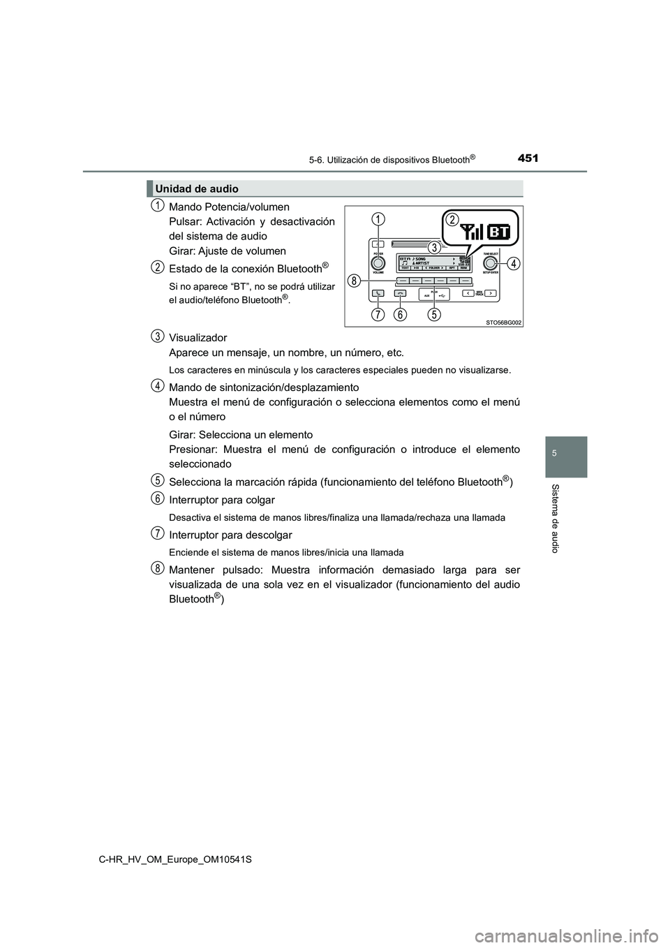 TOYOTA C_HR HYBRID 2017  Manual del propietario (in Spanish) 4515-6. Utilización de dispositivos Bluetooth®
5
Sistema de audio
C-HR_HV_OM_Europe_OM10541S
Mando Potencia/volumen 
Pulsar: Activación  y  desactivación
del sistema de audio 
Girar: Ajuste  de  v