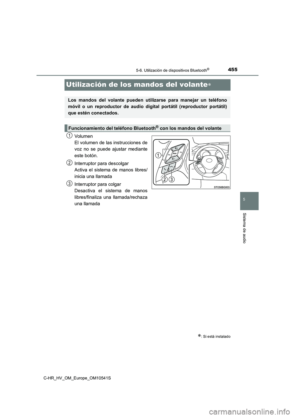 TOYOTA C_HR HYBRID 2017  Manual del propietario (in Spanish) 455
5
5-6. Utilización de dispositivos Bluetooth®
Sistema de audio
C-HR_HV_OM_Europe_OM10541S
Utilización de los mandos del volante
Volumen 
El volumen de las instrucciones de
voz no se puede aj