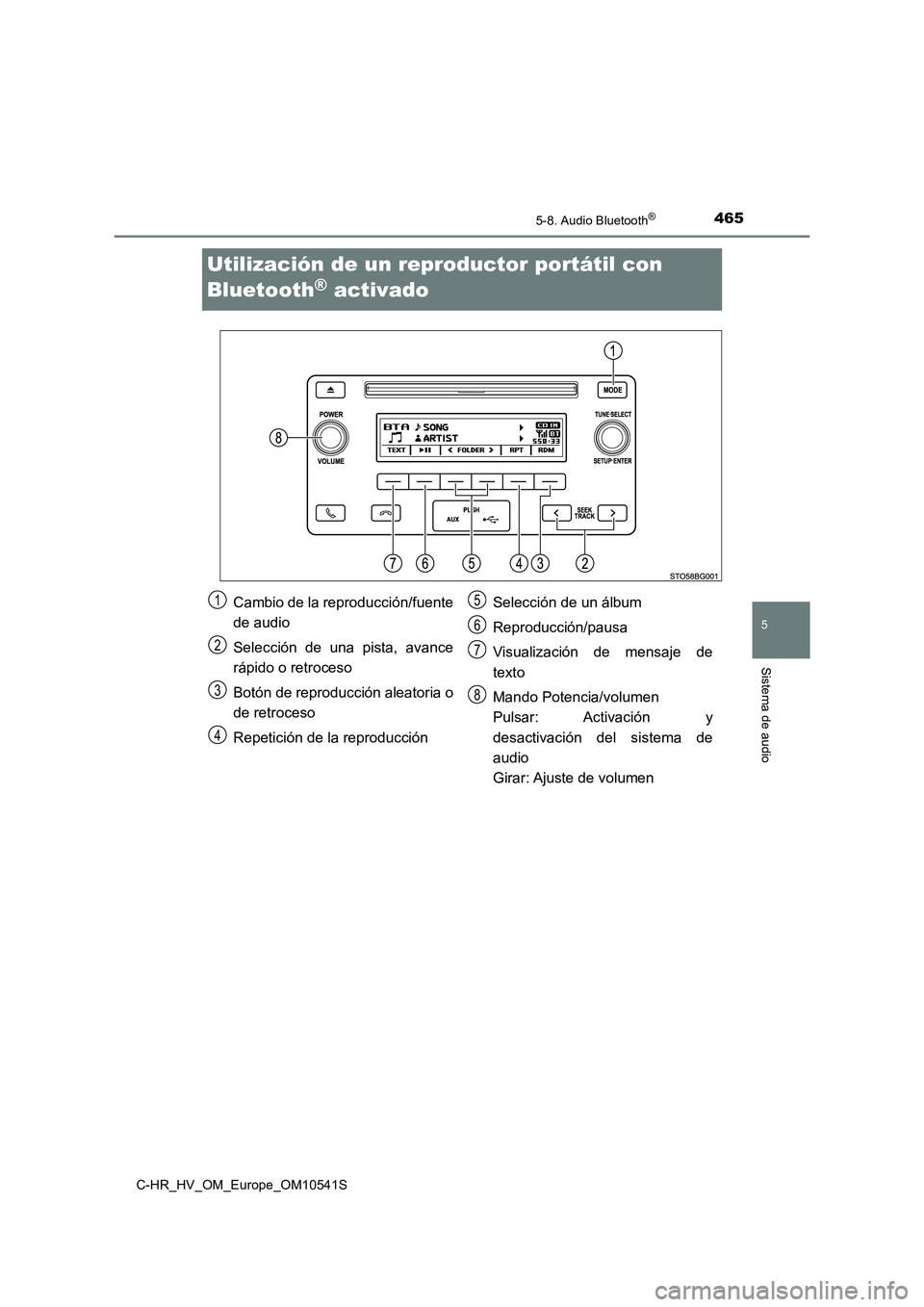 TOYOTA C_HR HYBRID 2017 Manual del propietario (in Spanish) 465
5
5-8. Audio Bluetooth®
Sistema de audio
C-HR_HV_OM_Europe_OM10541S
Utilización de un reproductor portátil con
Bluetooth® activado
Cambio de la reproducción/fuente
de audio
Selección de TOYOTA C_HR HYBRID 2017 Manual del propietario (in Spanish) 465
5
5-8. Audio Bluetooth®
Sistema de audio
C-HR_HV_OM_Europe_OM10541S
Utilización de un reproductor portátil con
Bluetooth® activado
Cambio de la reproducción/fuente
de audio
Selección de