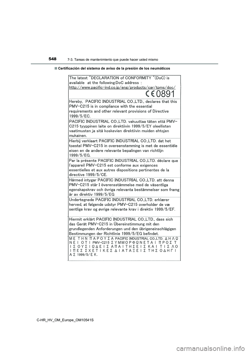 TOYOTA C_HR HYBRID 2017 Manual del propietario (in Spanish) 5487-3. Tareas de mantenimiento que puede hacer usted mismo
C-HR_HV_OM_Europe_OM10541S
■ Certificación del sistema de aviso de la presión de los neumáticos TOYOTA C_HR HYBRID 2017 Manual del propietario (in Spanish) 5487-3. Tareas de mantenimiento que puede hacer usted mismo
C-HR_HV_OM_Europe_OM10541S
■ Certificación del sistema de aviso de la presión de los neumáticos