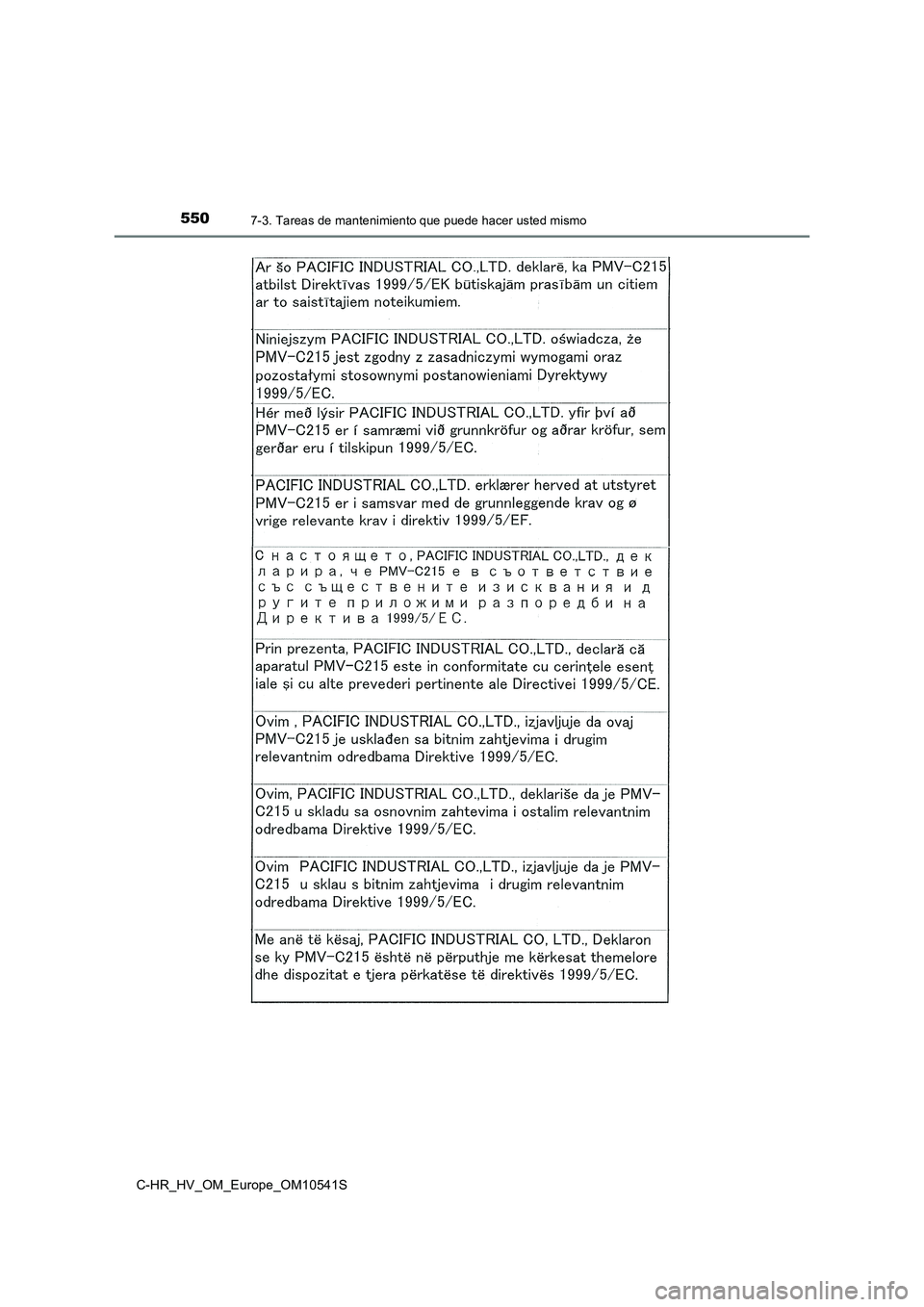 TOYOTA C_HR HYBRID 2017 Manual del propietario (in Spanish) 5507-3. Tareas de mantenimiento que puede hacer usted mismo
C-HR_HV_OM_Europe_OM10541S TOYOTA C_HR HYBRID 2017 Manual del propietario (in Spanish) 5507-3. Tareas de mantenimiento que puede hacer usted mismo
C-HR_HV_OM_Europe_OM10541S