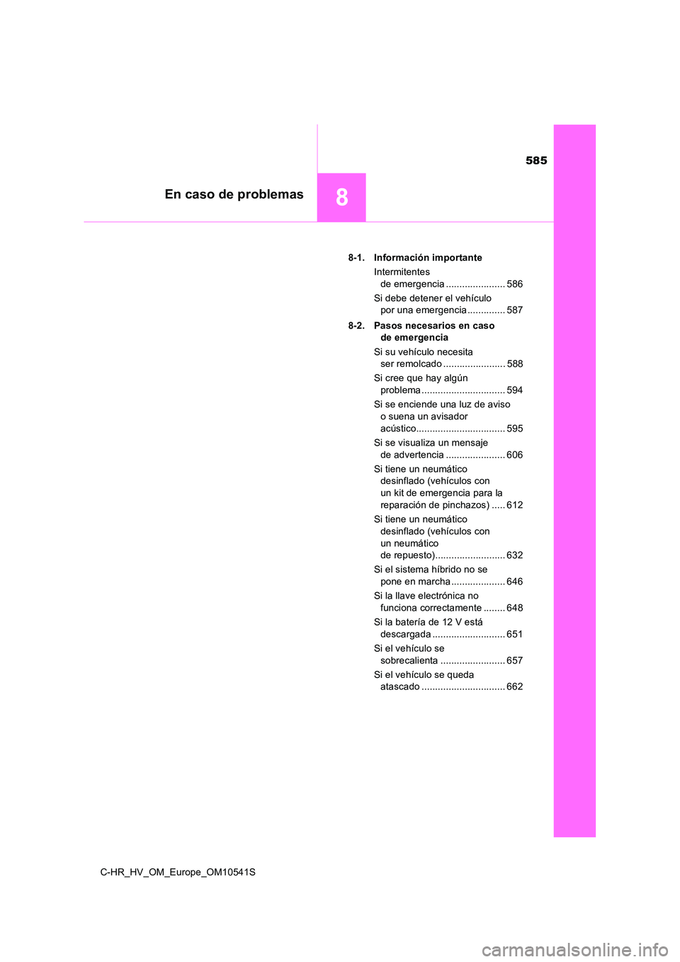 TOYOTA C_HR HYBRID 2017 Manual del propietario (in Spanish) 585
8En caso de problemas
C-HR_HV_OM_Europe_OM10541S
8-1. Información importante
Intermitentes
de emergencia ...................... 586
Si debe detener el vehículo
por una emergencia ........ TOYOTA C_HR HYBRID 2017 Manual del propietario (in Spanish) 585
8En caso de problemas
C-HR_HV_OM_Europe_OM10541S
8-1. Información importante
Intermitentes
de emergencia ...................... 586
Si debe detener el vehículo
por una emergencia ........