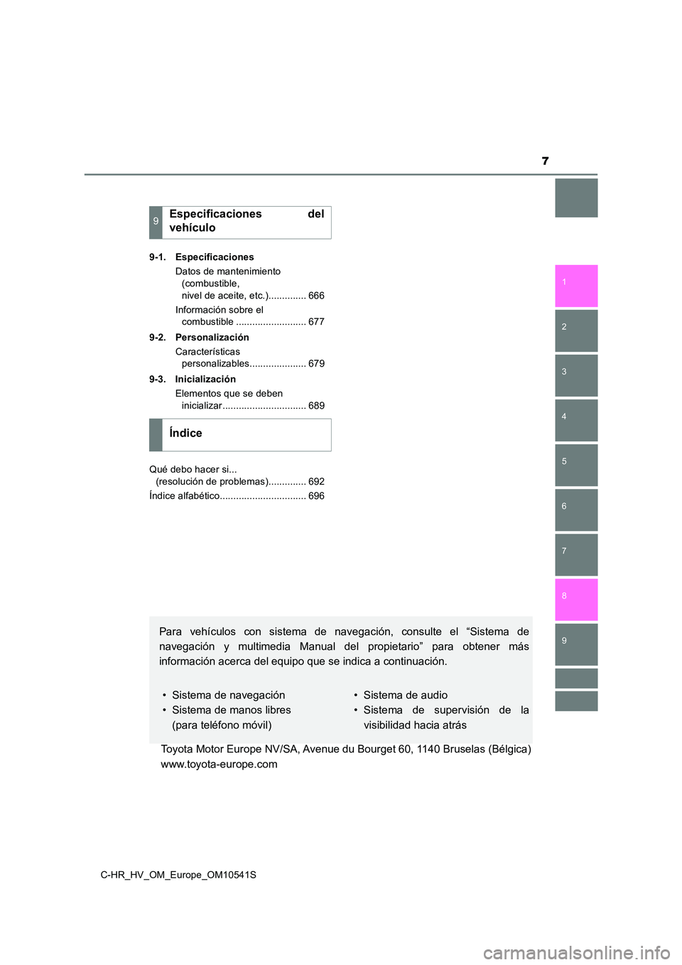 TOYOTA C_HR HYBRID 2017  Manual del propietario (in Spanish) 7
1 
6 
5
4
3
2
C-HR_HV_OM_Europe_OM10541S
9
8
7
9-1. Especificaciones 
Datos de mantenimiento  
(combustible,  
nivel de aceite, etc.).............. 666 
Información sobre el  
combustible .........
