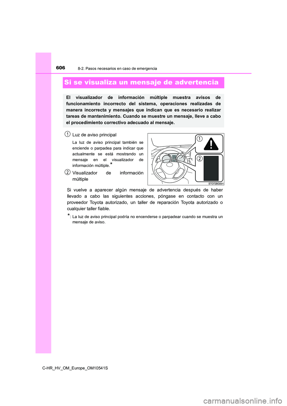 TOYOTA C_HR HYBRID 2017 Manual del propietario (in Spanish) 6068-2. Pasos necesarios en caso de emergencia
C-HR_HV_OM_Europe_OM10541S
Si se visualiza un mensaje de advertencia
Luz de aviso principal
La luz de aviso principal también se
enciende o parpadea pa TOYOTA C_HR HYBRID 2017 Manual del propietario (in Spanish) 6068-2. Pasos necesarios en caso de emergencia
C-HR_HV_OM_Europe_OM10541S
Si se visualiza un mensaje de advertencia
Luz de aviso principal
La luz de aviso principal también se
enciende o parpadea pa