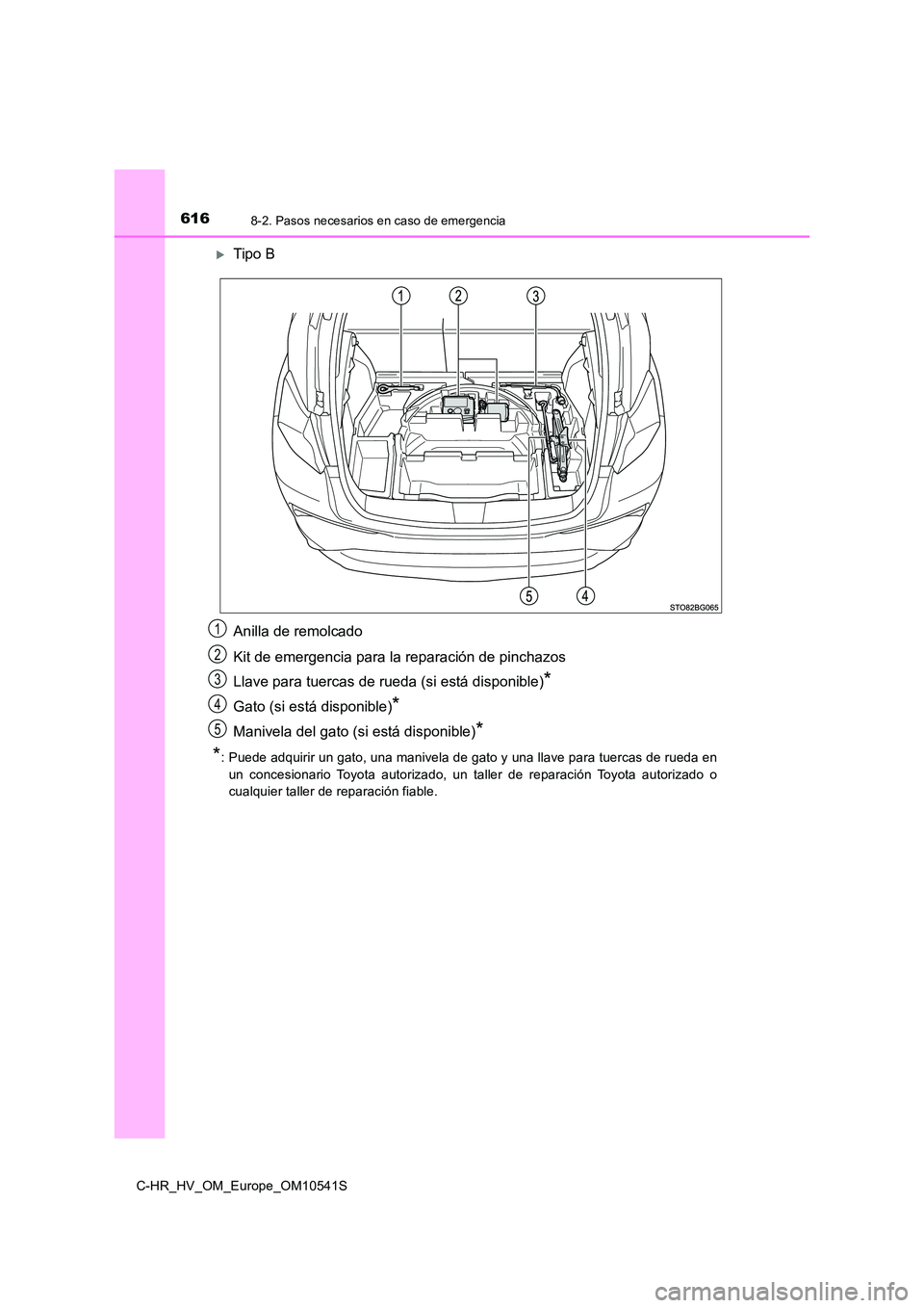 TOYOTA C_HR HYBRID 2017 Manual del propietario (in Spanish) 6168-2. Pasos necesarios en caso de emergencia
C-HR_HV_OM_Europe_OM10541S
Tipo B
Anilla de remolcado
Kit de emergencia para la reparación de pinchazos
Llave para tuercas de rueda (si está disp TOYOTA C_HR HYBRID 2017 Manual del propietario (in Spanish) 6168-2. Pasos necesarios en caso de emergencia
C-HR_HV_OM_Europe_OM10541S
Tipo B
Anilla de remolcado
Kit de emergencia para la reparación de pinchazos
Llave para tuercas de rueda (si está disp