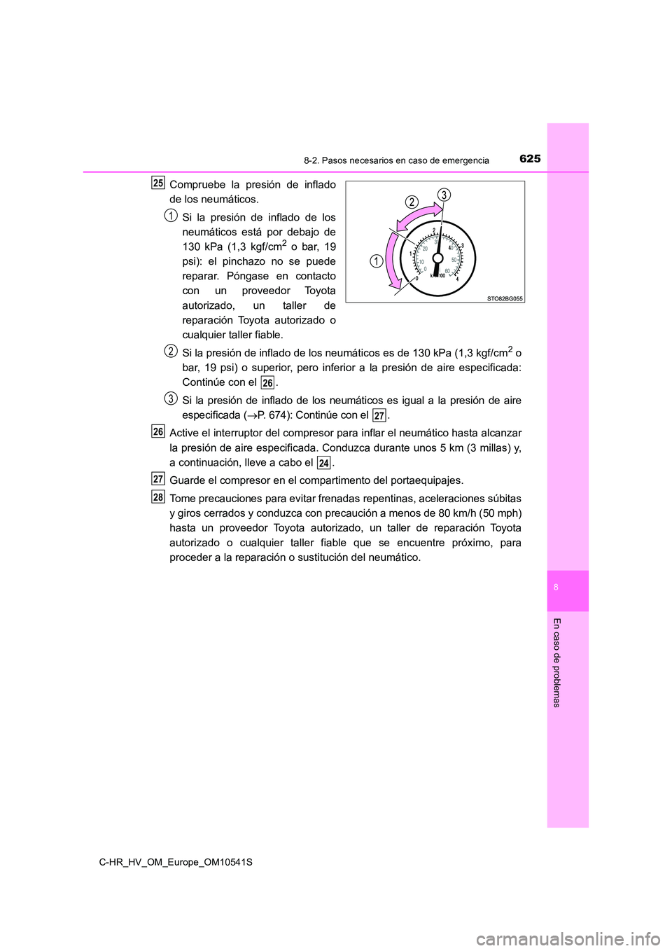 TOYOTA C_HR HYBRID 2017 Manual del propietario (in Spanish) 6258-2. Pasos necesarios en caso de emergencia
C-HR_HV_OM_Europe_OM10541S
8
En caso de problemas
Compruebe la presión de inflado
de los neumáticos.
Si la presión de inflado de los
neumáticos es TOYOTA C_HR HYBRID 2017 Manual del propietario (in Spanish) 6258-2. Pasos necesarios en caso de emergencia
C-HR_HV_OM_Europe_OM10541S
8
En caso de problemas
Compruebe la presión de inflado
de los neumáticos.
Si la presión de inflado de los
neumáticos es